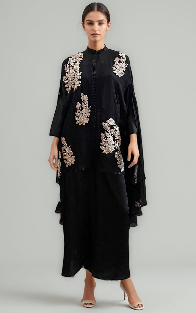Black Applique Embroidered Chiffon Cape with Silk Trouser (2-Piece) - Image 3
