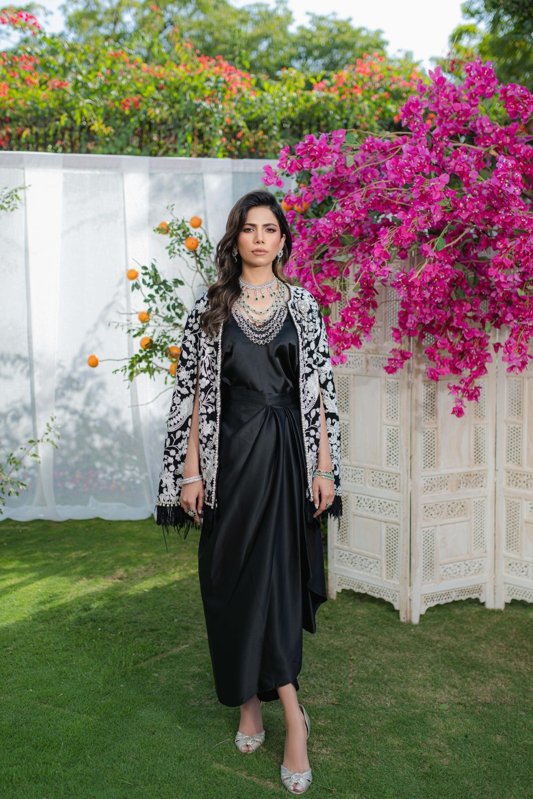 Black Embroidered Chiffon & Satin Cape Dress (3-Piece) - Image 2