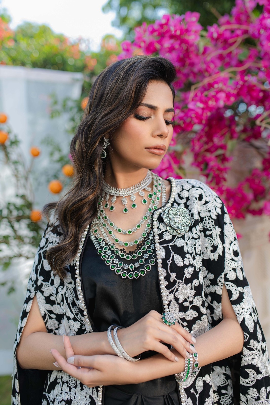 Black Embroidered Chiffon & Satin Cape Dress (3-Piece) - Image 3