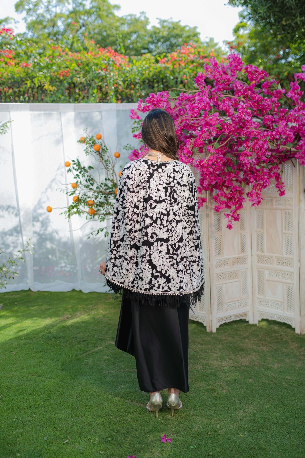 Black Embroidered Chiffon & Satin Cape Dress (3-Piece) - Image 4