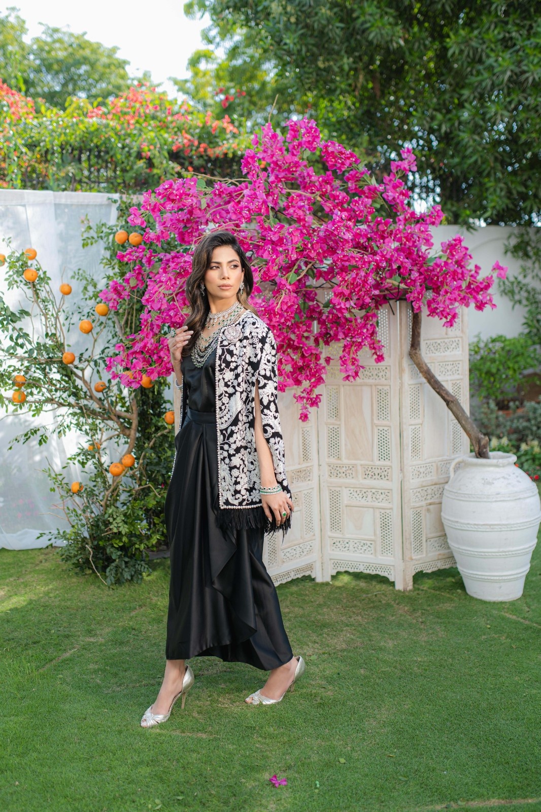 Black Embroidered Chiffon & Satin Cape Dress (3-Piece) - Image 5