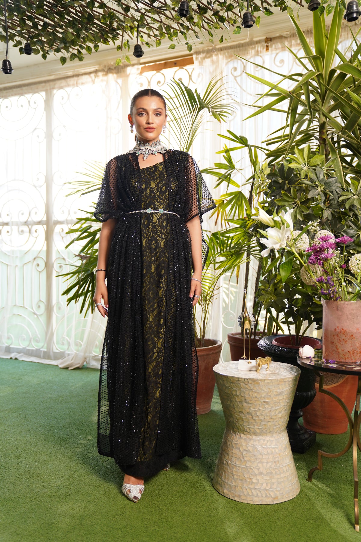 Black & Green Cut Dana Lace Cape Dress (2-Piece) - Image 1