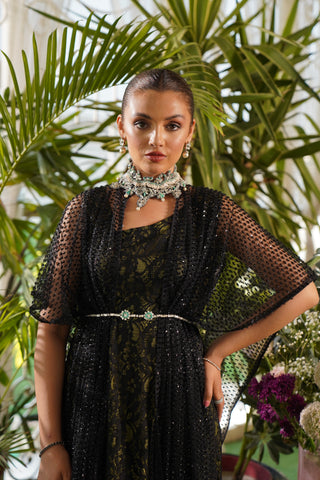 Black & Green Cut Dana Lace Cape Dress (2-Piece) - Image 3