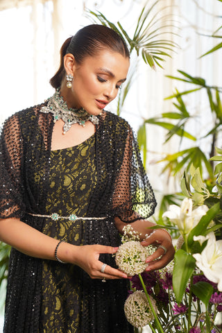 Black & Green Cut Dana Lace Cape Dress (2-Piece) - Image 4