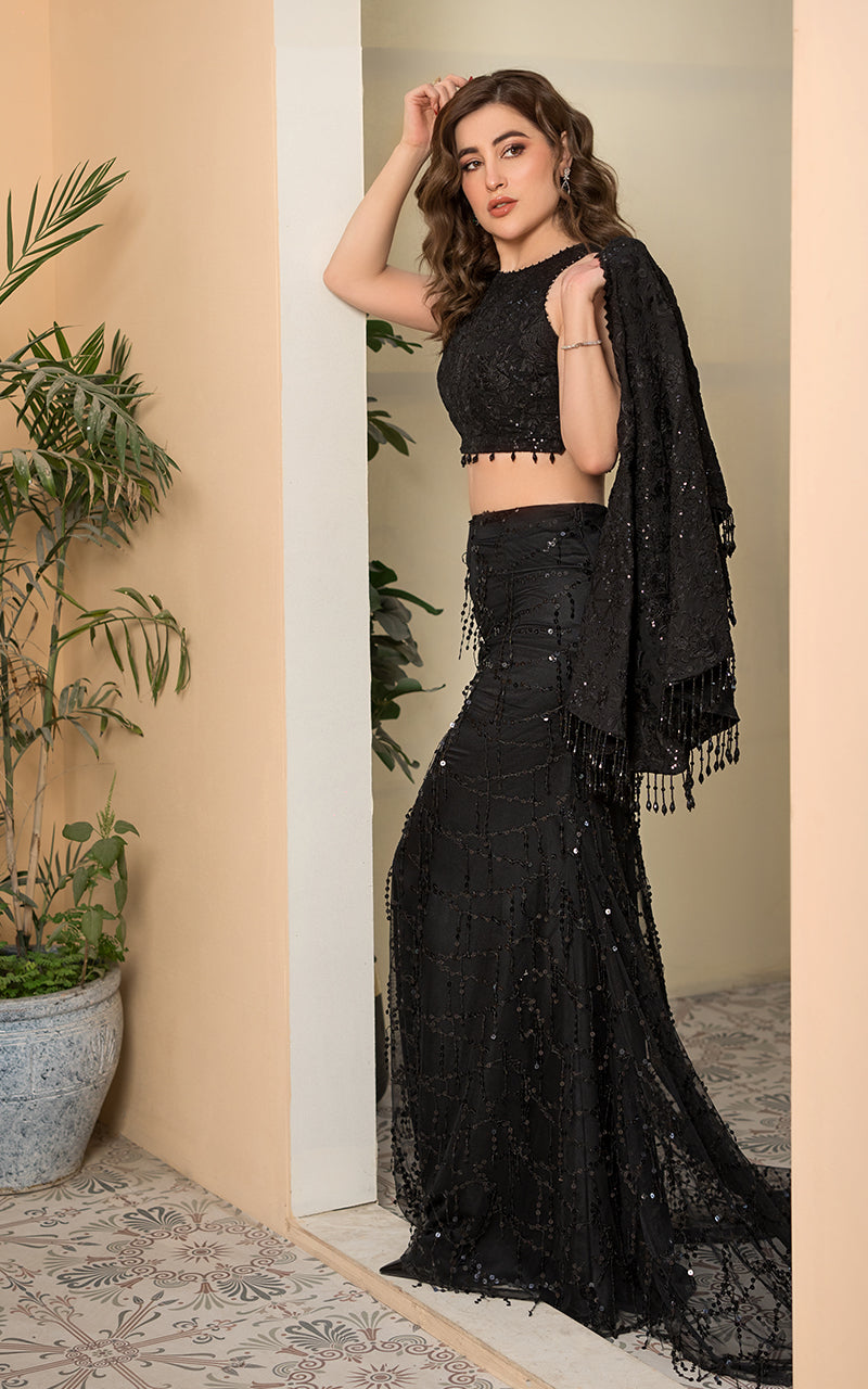 Pakistani Black Embroidered Net Cape Dress (3-Piece) - Image 1