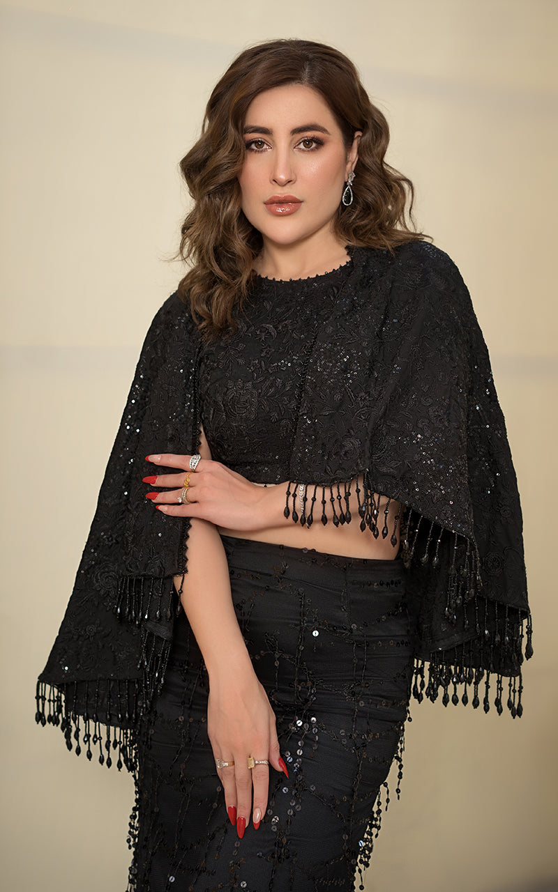 Pakistani Black Embroidered Net Cape Dress (3-Piece) - Image 6