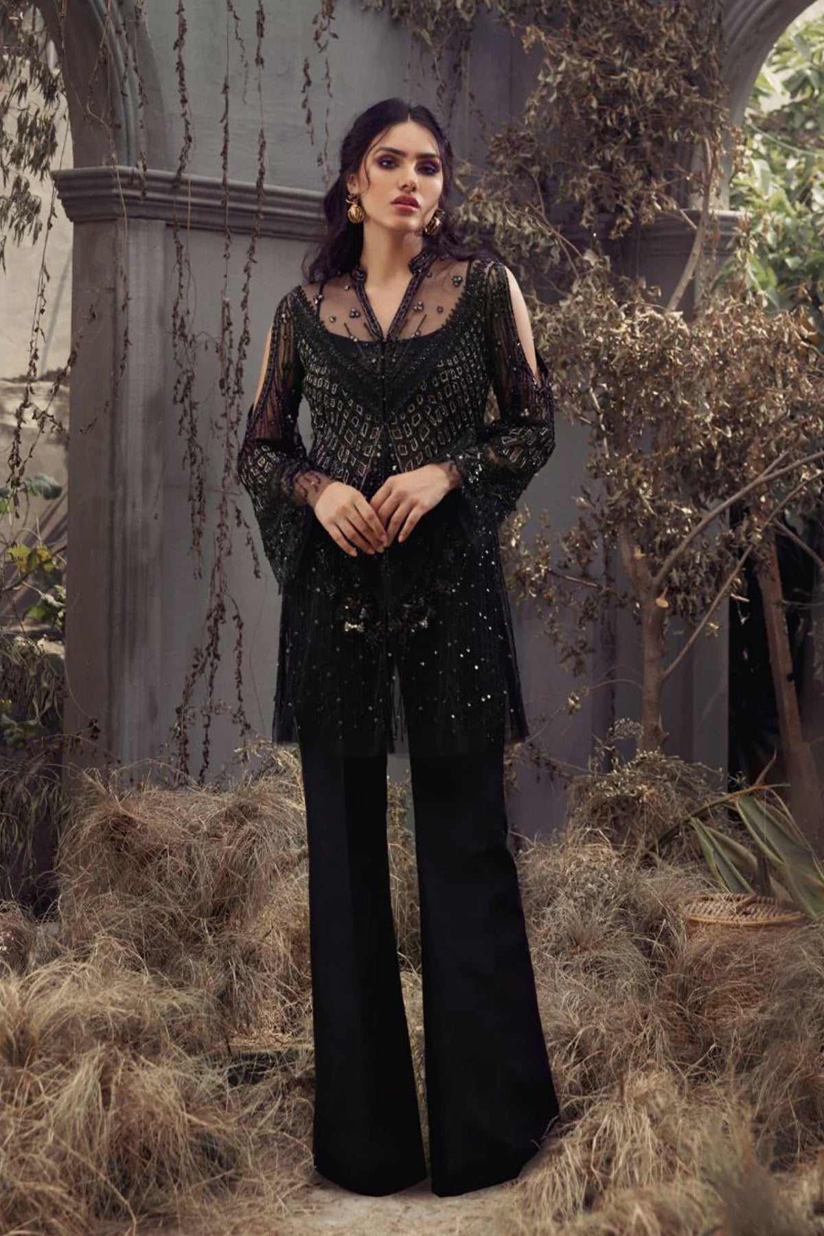 Pakistani Black Embellished Net Cape Dress (3-Piece) - Image 1