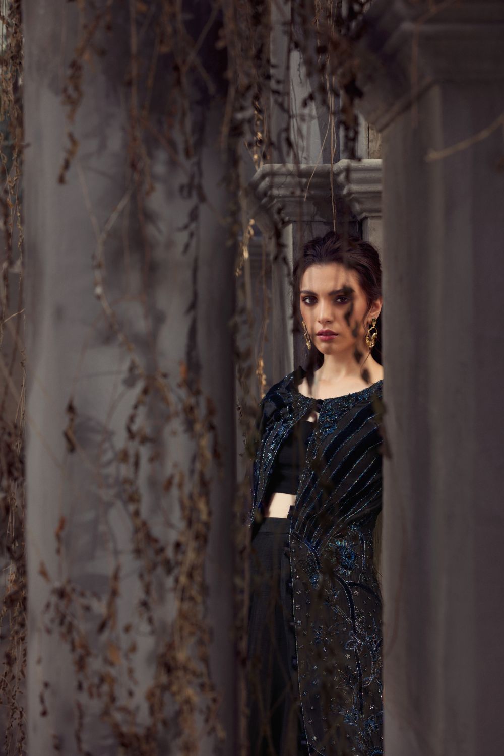 Pakistani Black Embellished Net Cape Dress (3-Piece) - Image 2