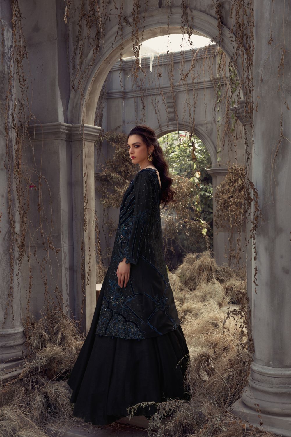 Pakistani Black Embellished Net Cape Dress (3-Piece) - Image 4