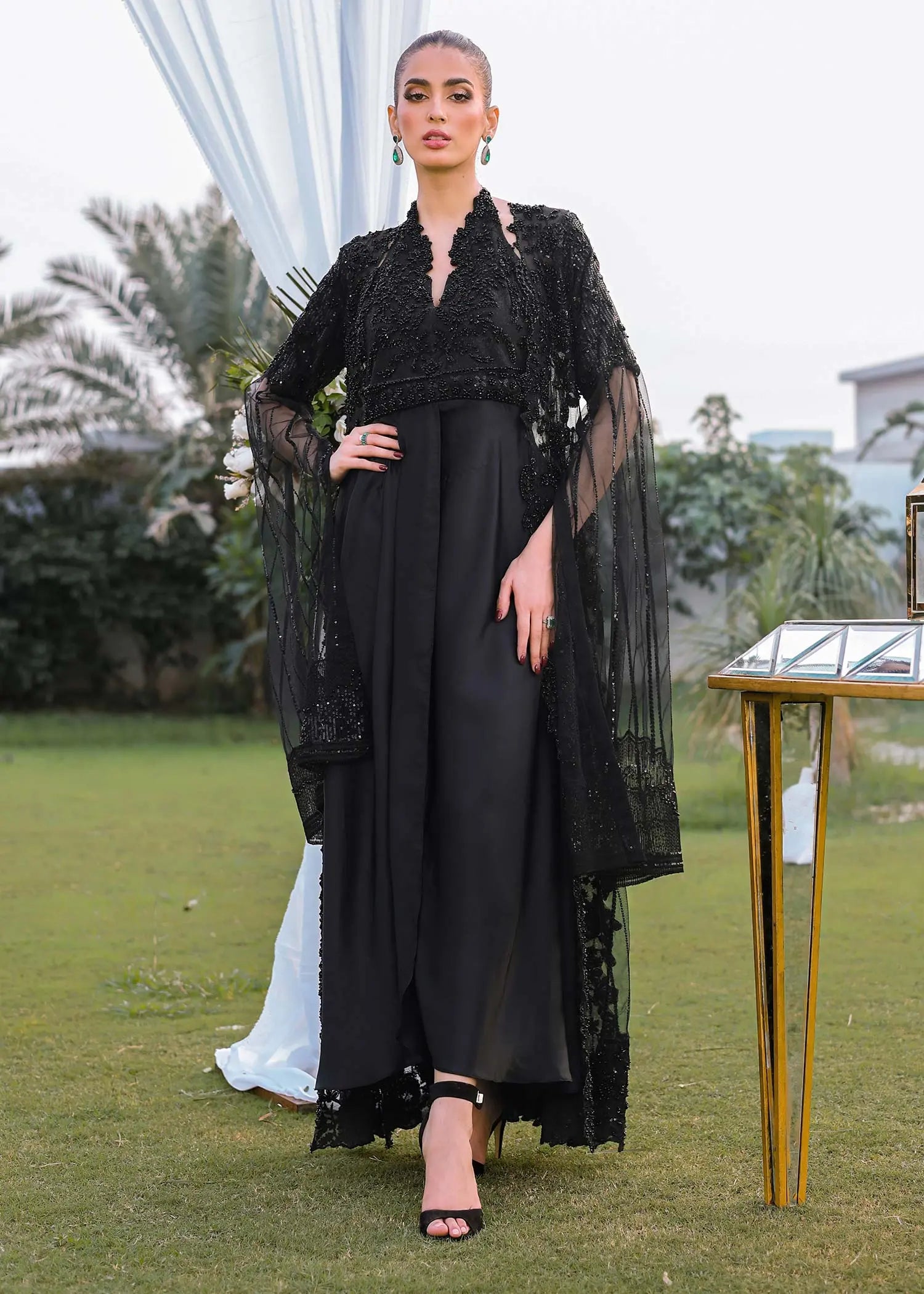 Pakistani Black Beaded Net and Silk Cape Dress (3-Piece) - Image 1
