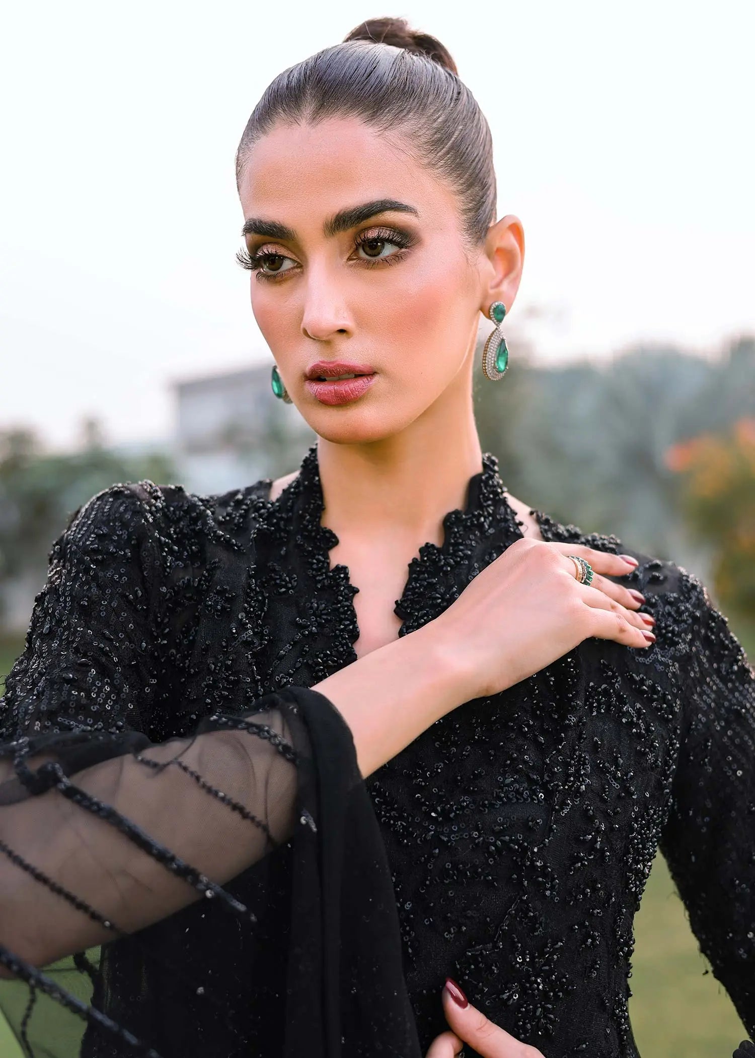 Pakistani Black Beaded Net and Silk Cape Dress (3-Piece) - Image 10