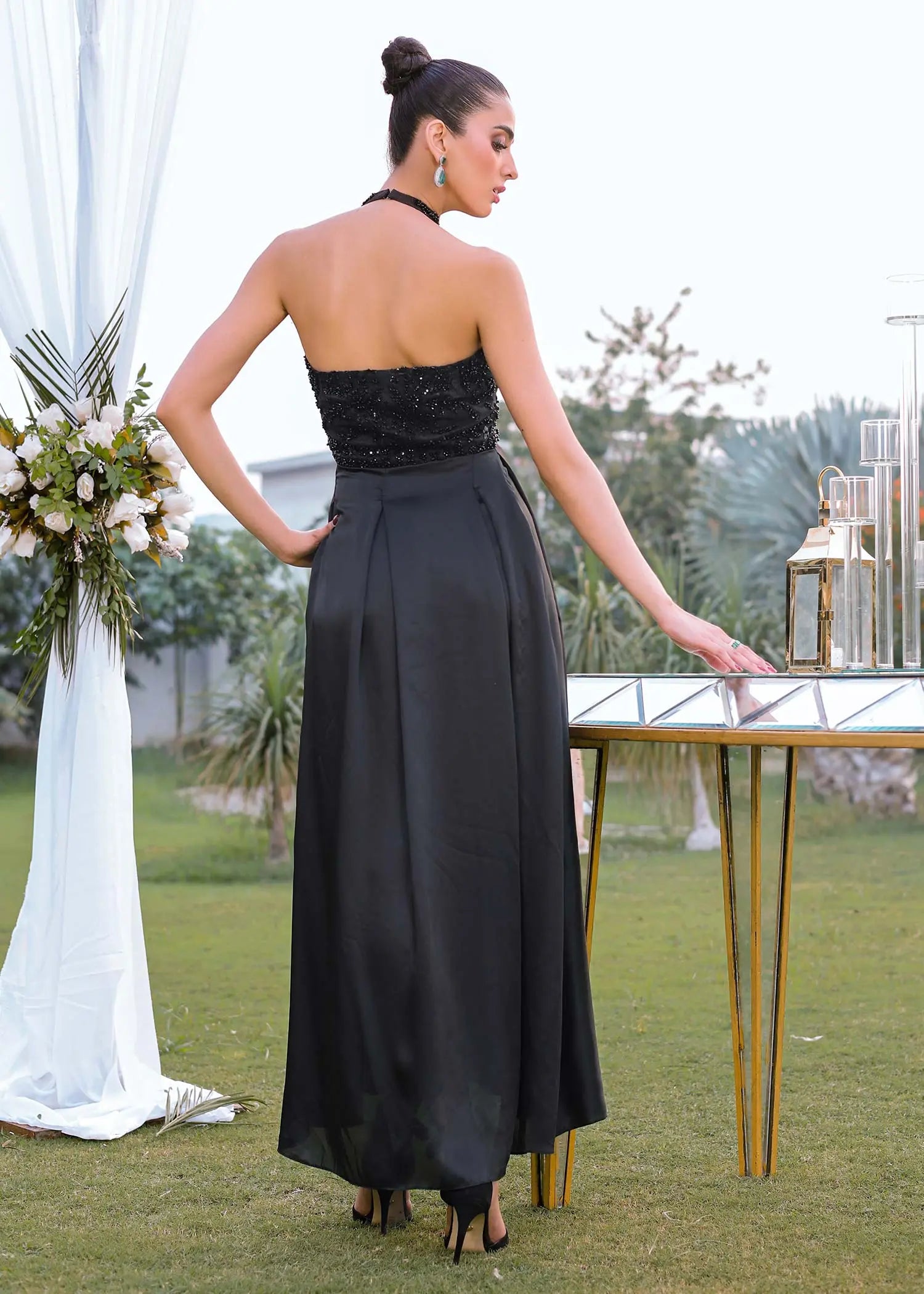 Pakistani Black Beaded Net and Silk Cape Dress (3-Piece) - Image 11