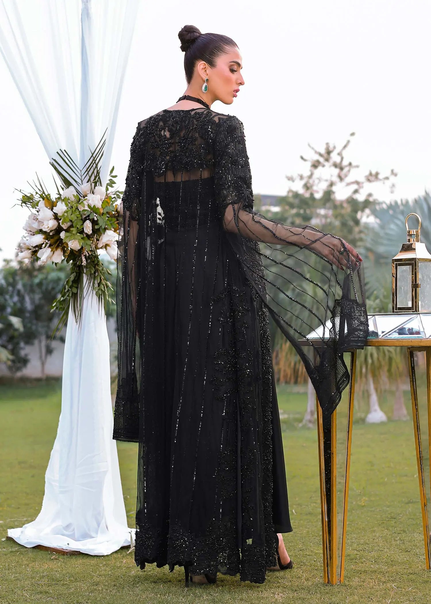 Pakistani Black Beaded Net and Silk Cape Dress (3-Piece) - Image 2