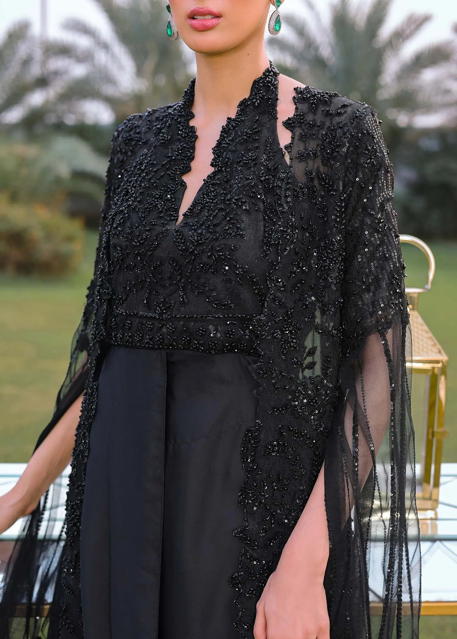 Pakistani Black Beaded Net and Silk Cape Dress (3-Piece) - Image 3