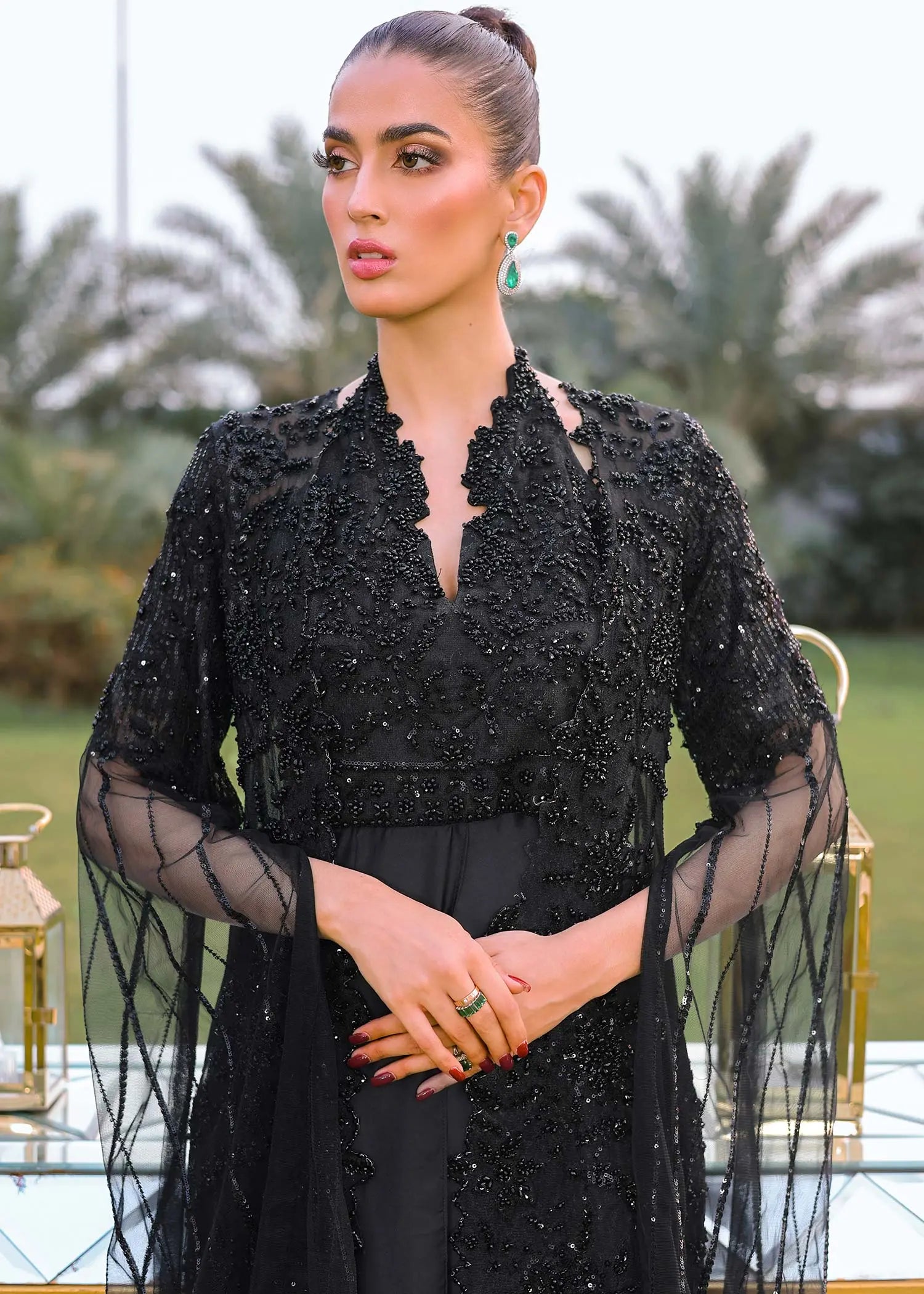 Pakistani Black Beaded Net and Silk Cape Dress (3-Piece) - Image 4