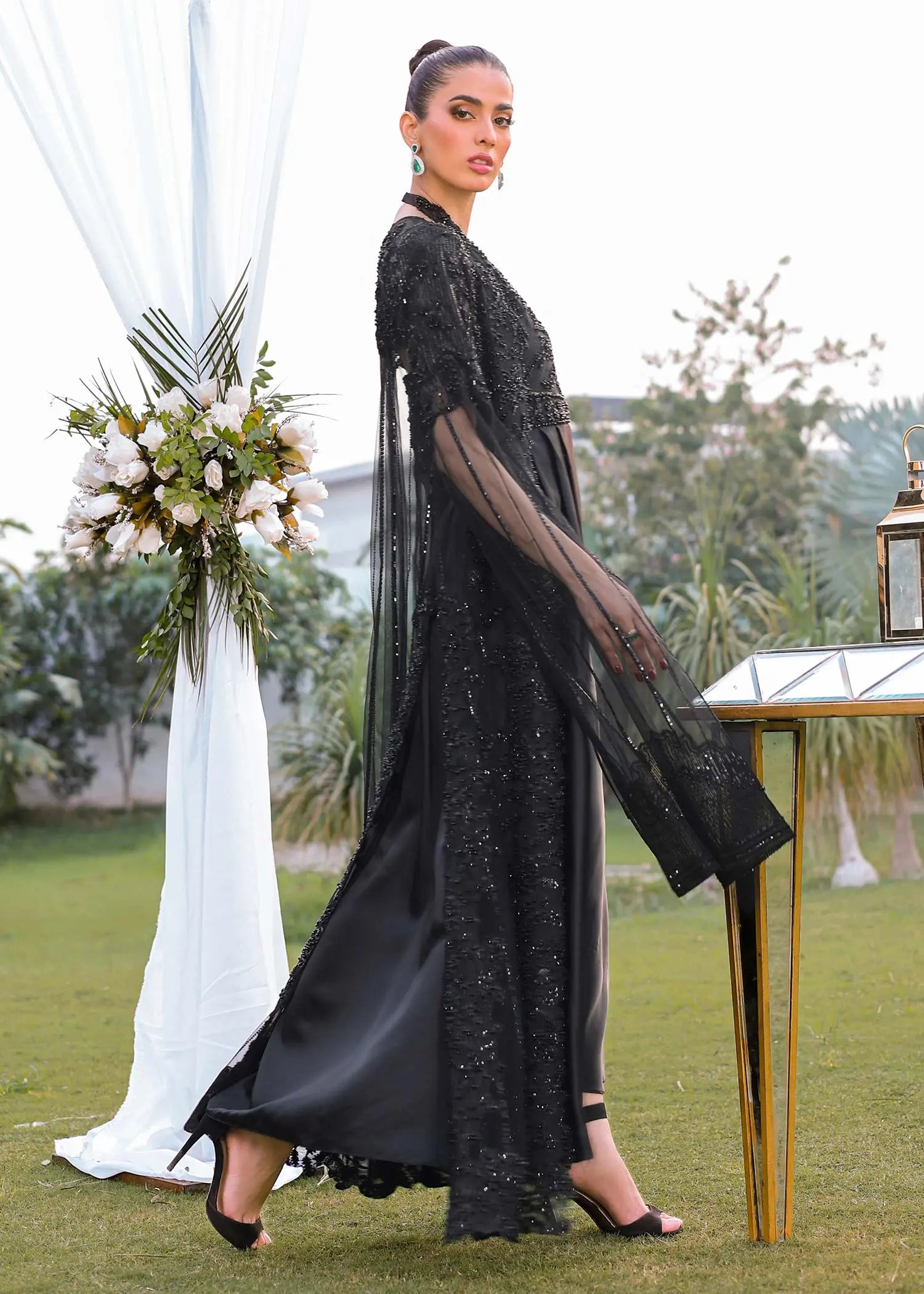 Pakistani Black Beaded Net and Silk Cape Dress (3-Piece) - Image 6