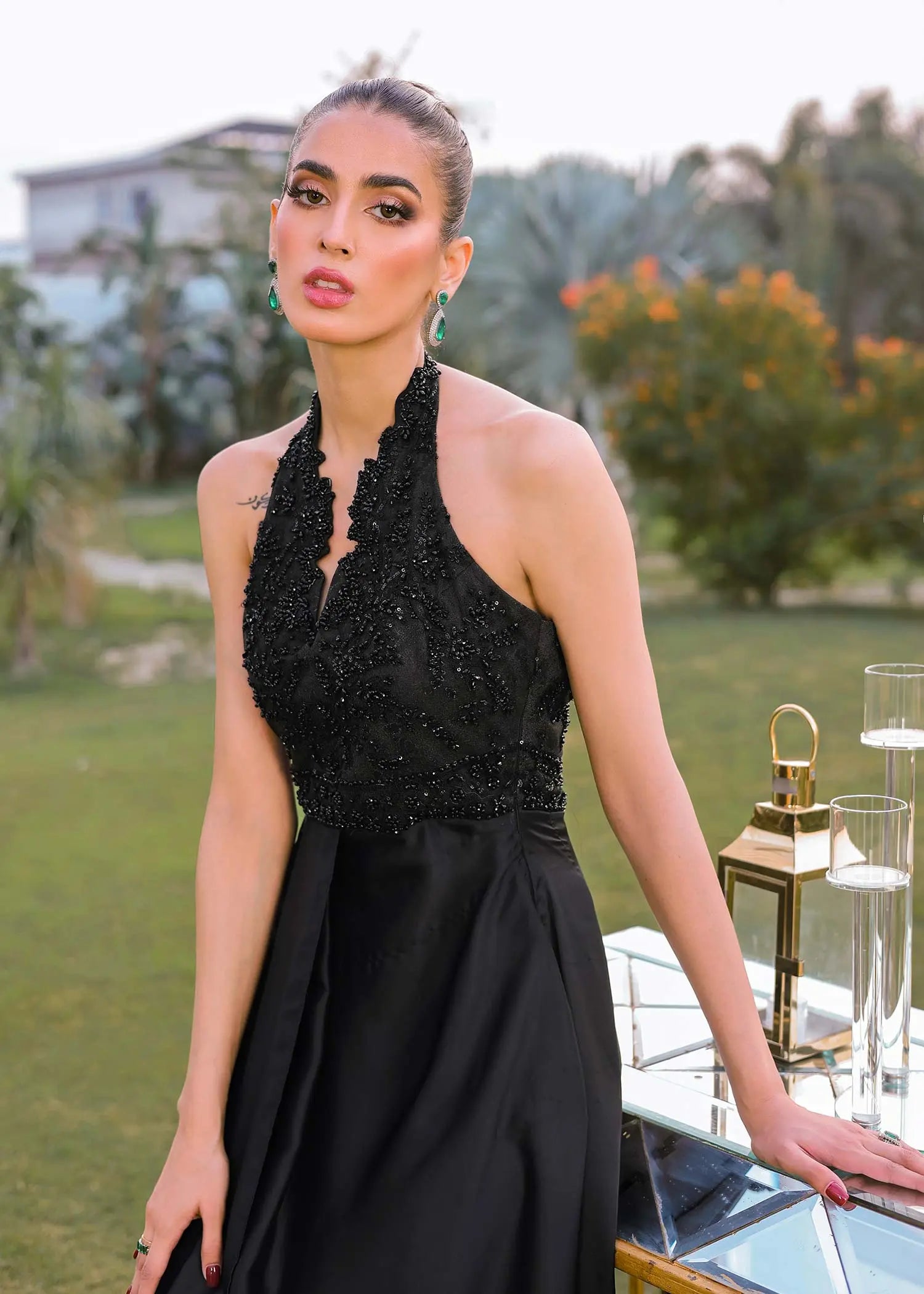 Pakistani Black Beaded Net and Silk Cape Dress (3-Piece) - Image 7
