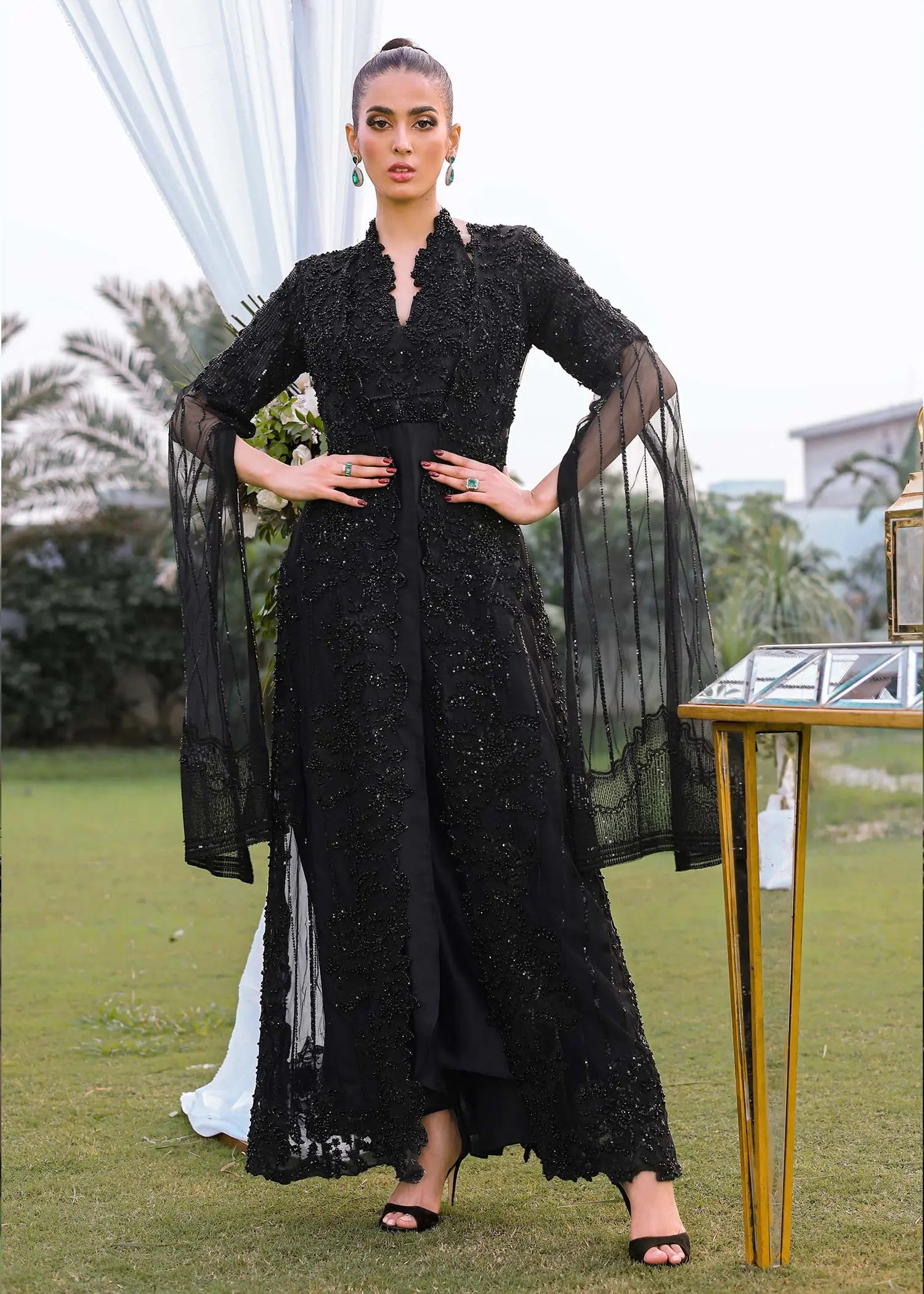 Pakistani Black Beaded Net and Silk Cape Dress (3-Piece) - Image 9