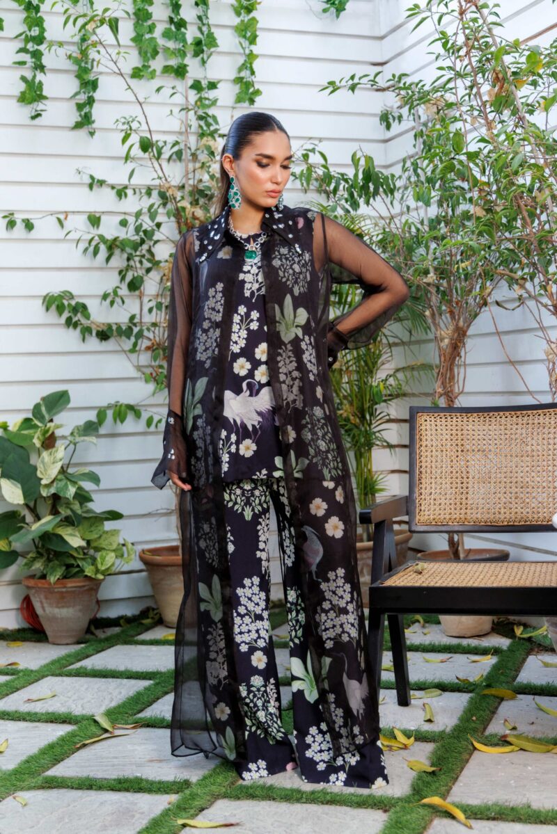 Pakistani Black Digital Printed Organza & Crepe Cape Set (3-Piece) - Image 1