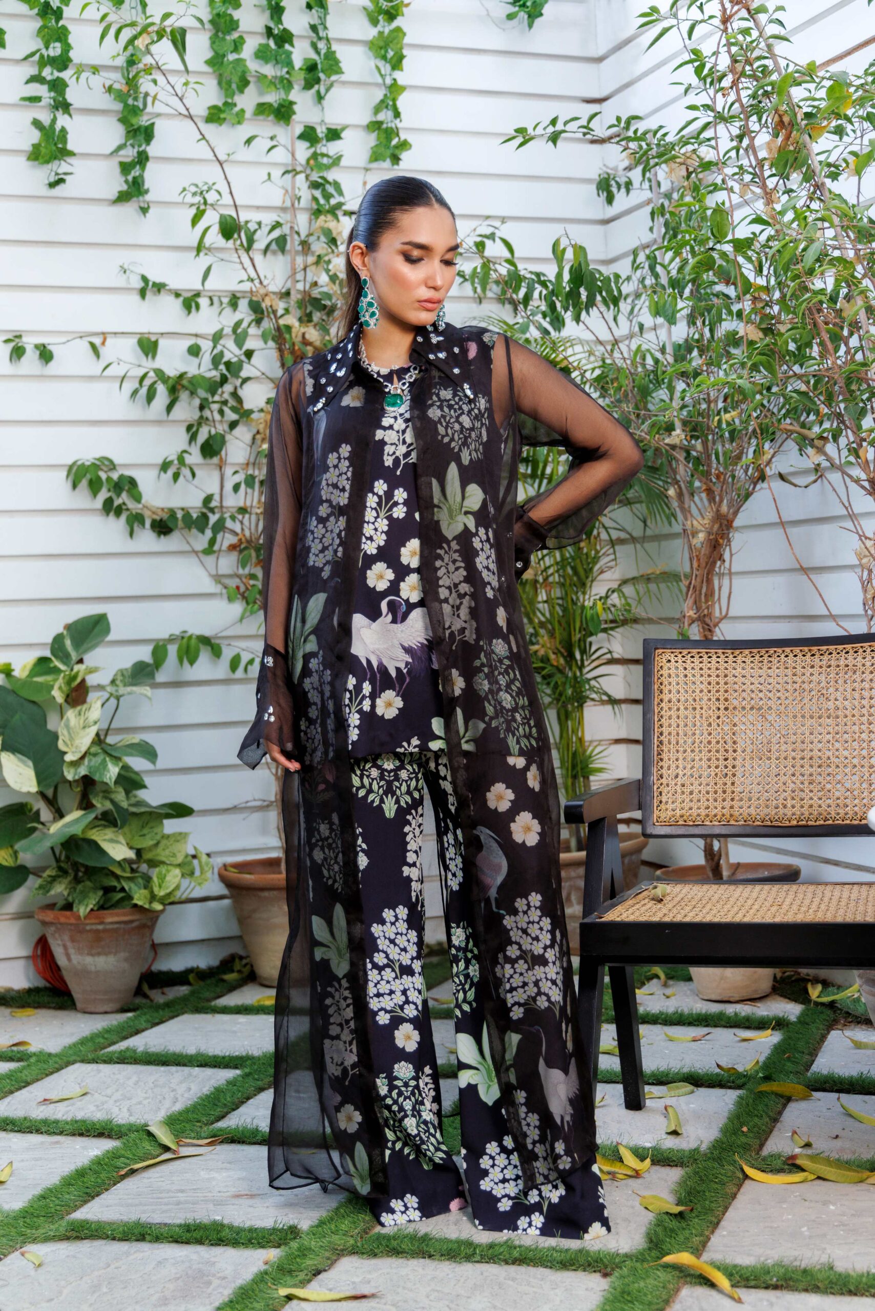 Pakistani Black Digital Printed Organza & Crepe Cape Set (3-Piece) - Image 2