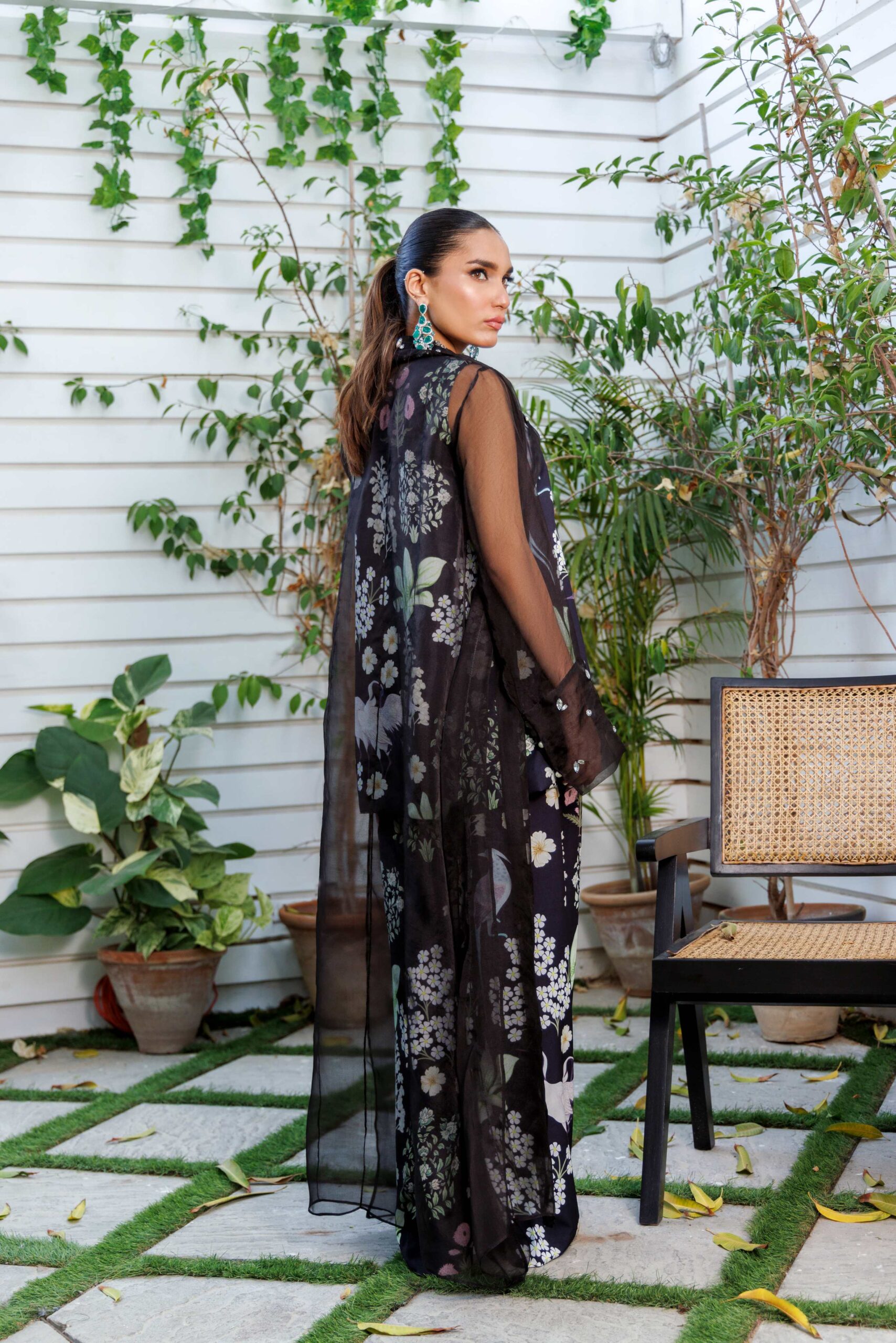 Pakistani Black Digital Printed Organza & Crepe Cape Set (3-Piece) - Image 3