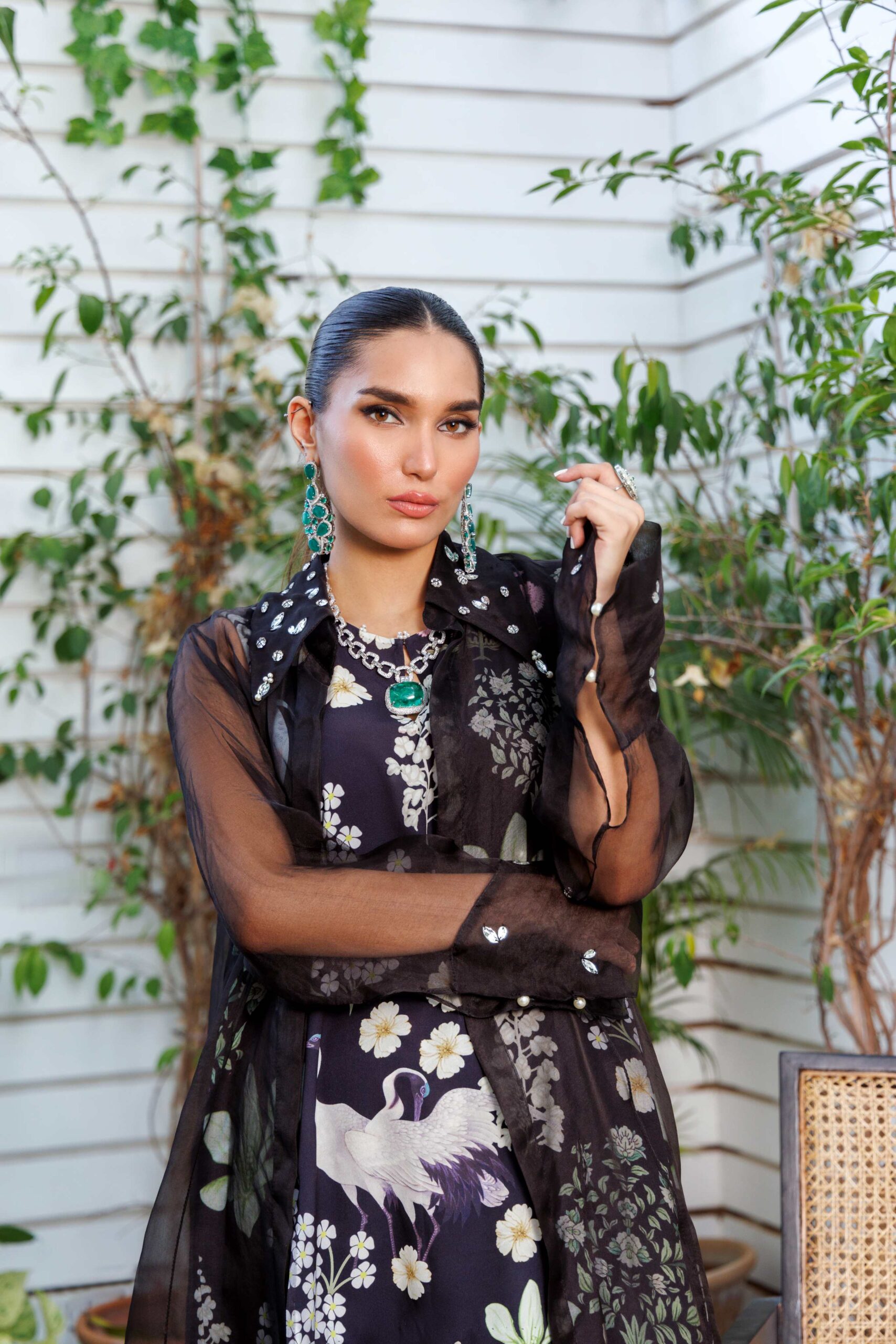 Pakistani Black Digital Printed Organza & Crepe Cape Set (3-Piece) - Image 4