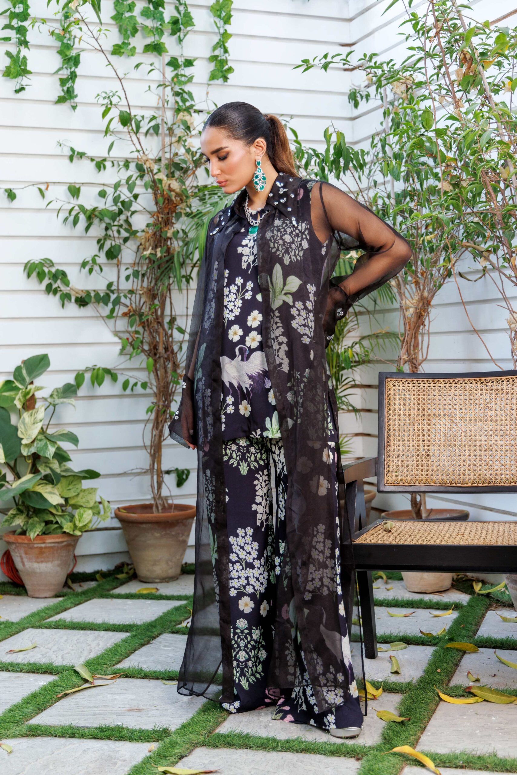 Pakistani Black Digital Printed Organza & Crepe Cape Set (3-Piece) - Image 5