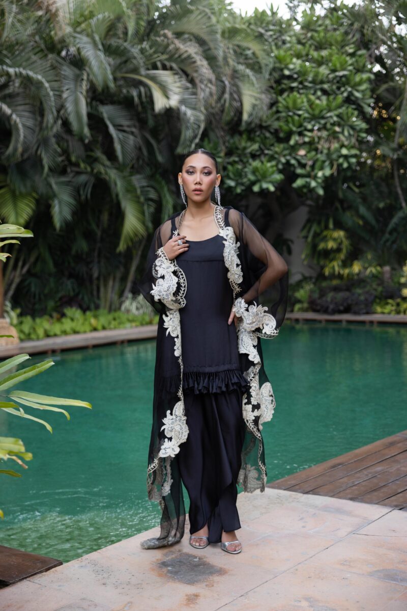 Black Embroidered Pure Organza Cape Dress (2-Piece) - Image 1