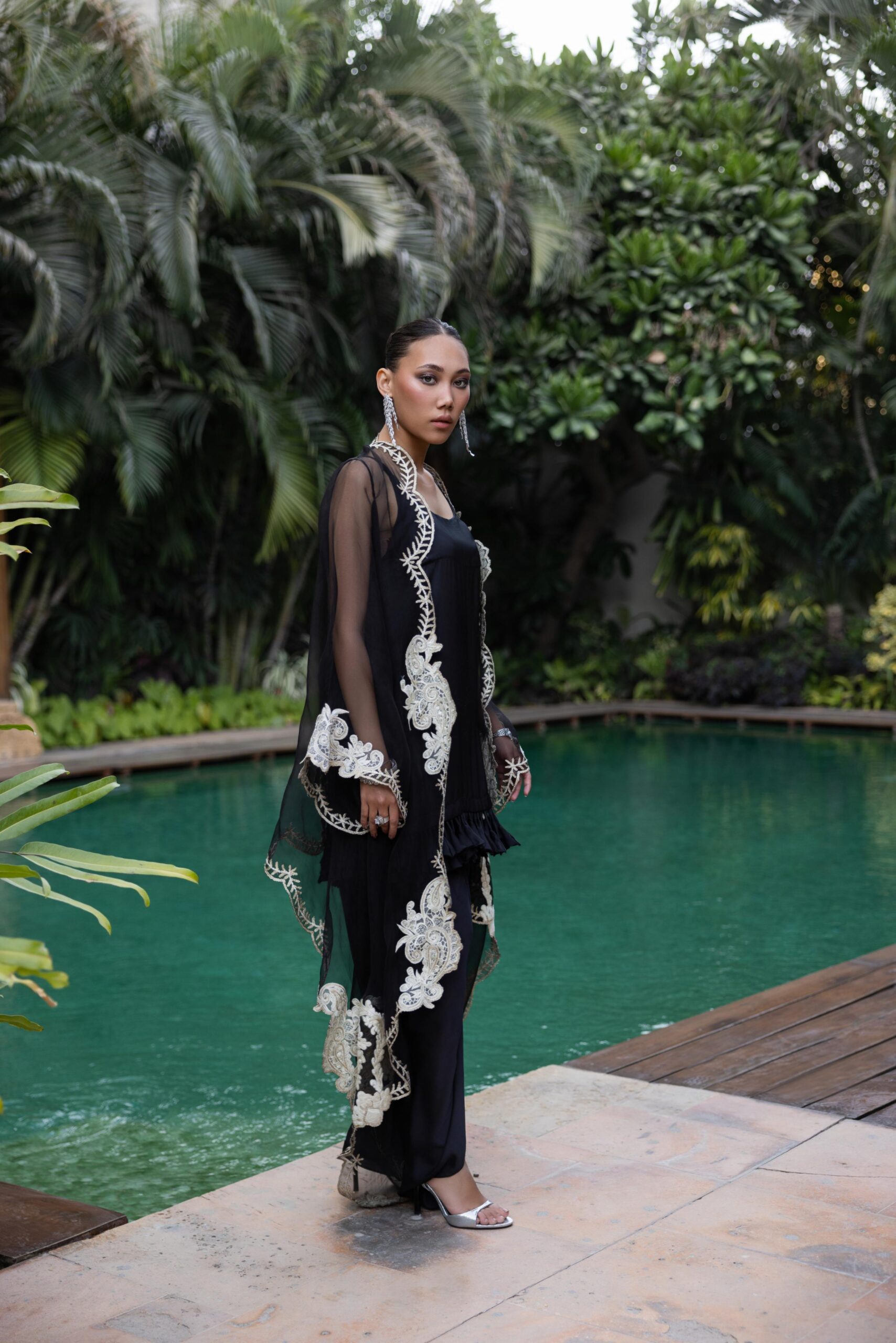 Black Embroidered Pure Organza Cape Dress (2-Piece) - Image 3