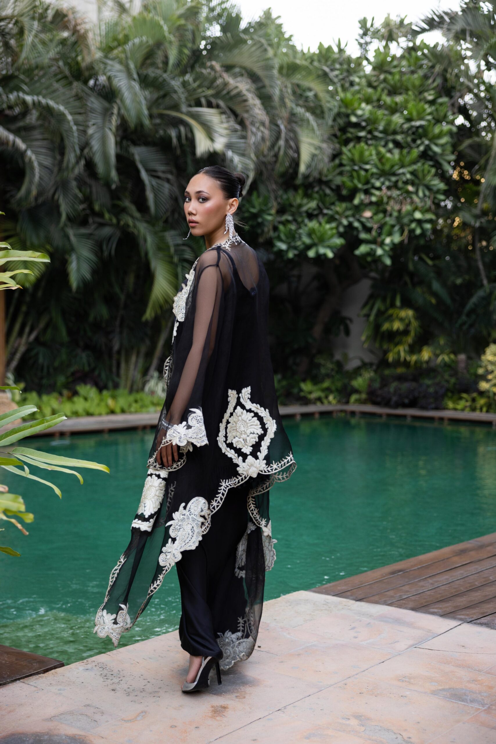 Black Embroidered Pure Organza Cape Dress (2-Piece) - Image 6