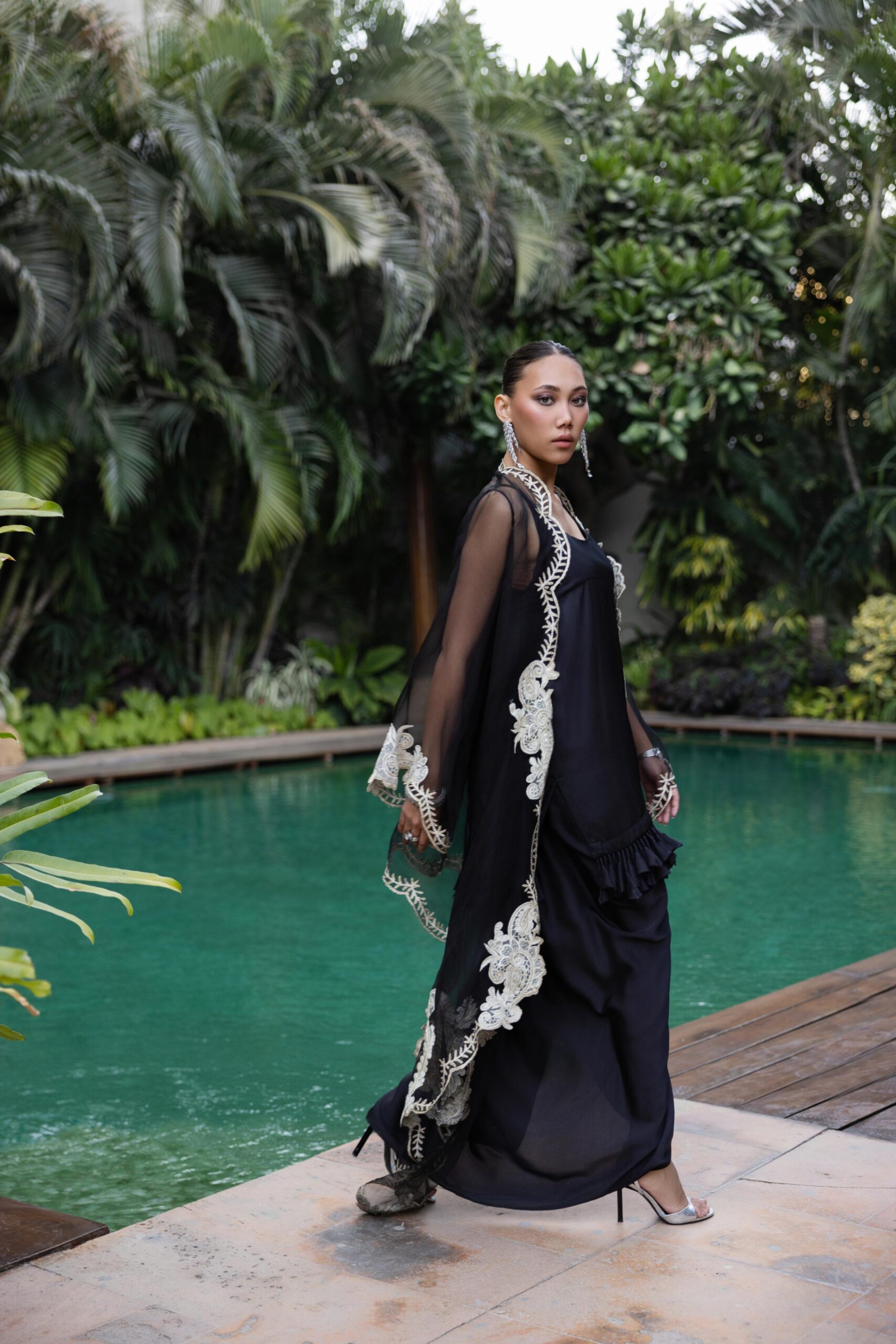 Black Embroidered Pure Organza Cape Dress (2-Piece) - Image 7