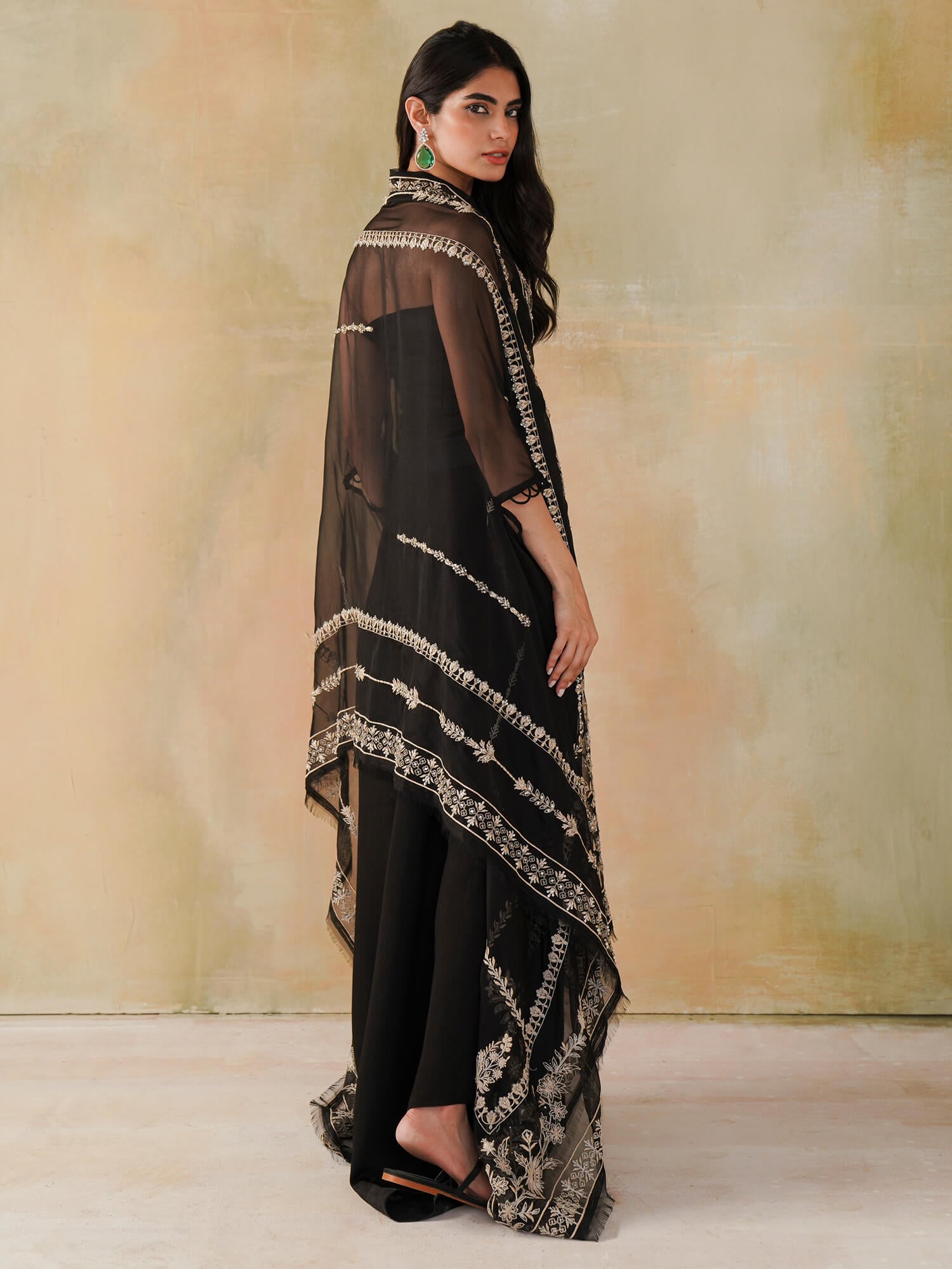 Pakistani Black Hand-Embroidered Organza Cape (2-Piece) - Image 2