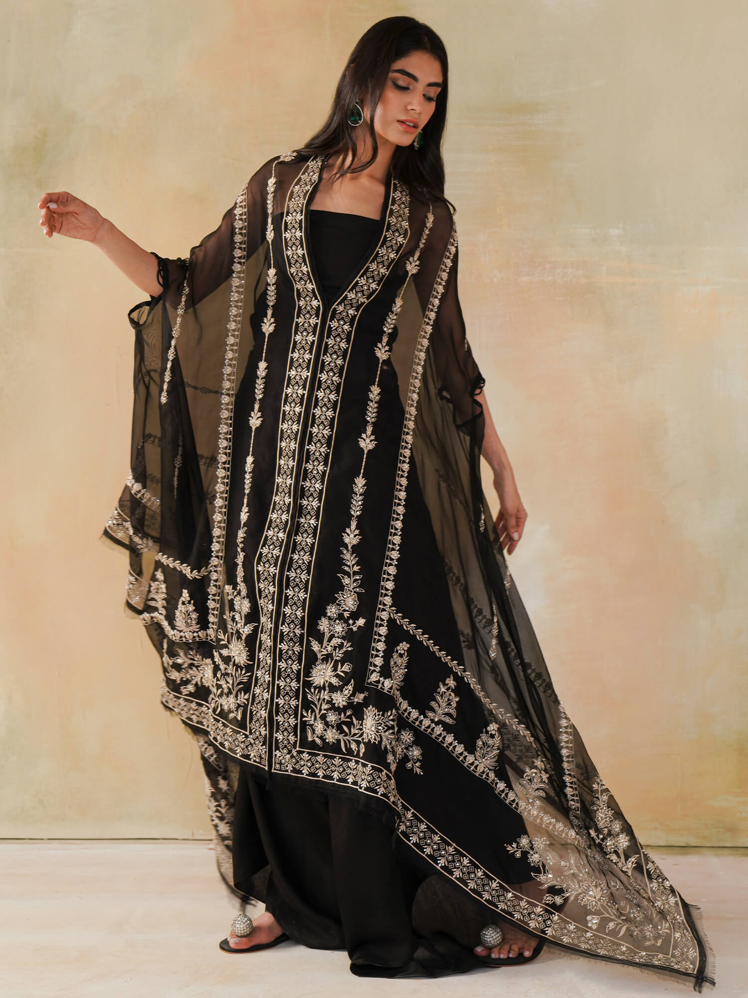 Pakistani Black Hand-Embroidered Organza Cape (2-Piece) - Image 3