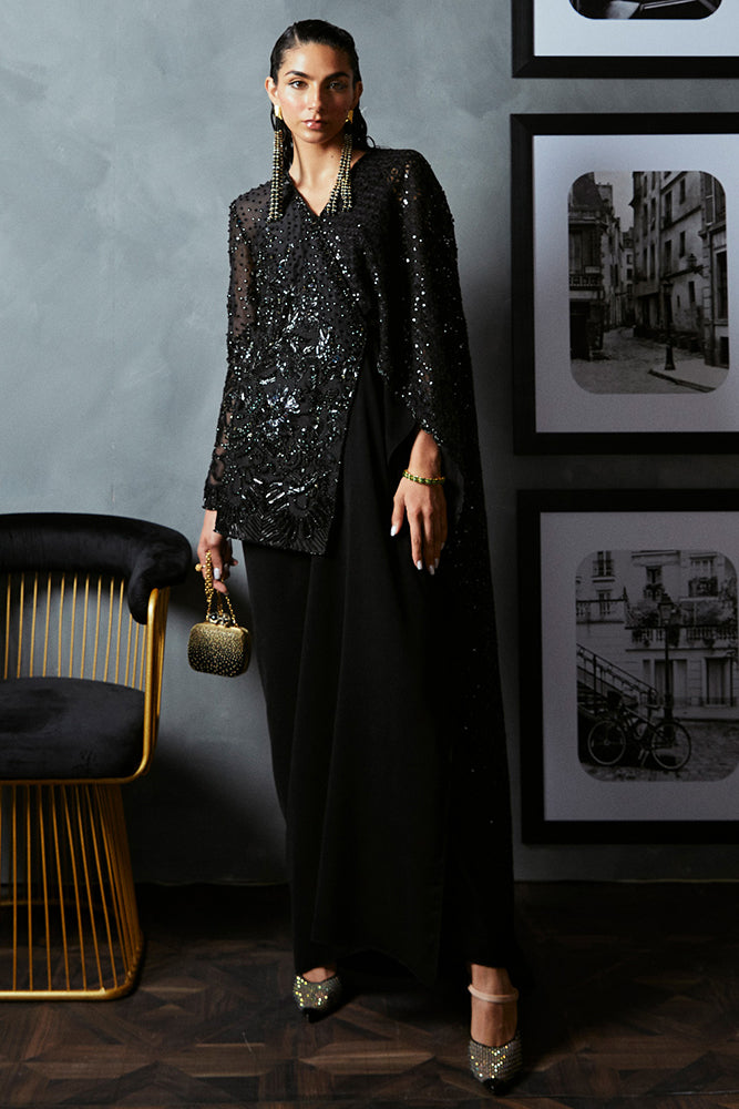 Pakistani Black Embellished Organza Cape Dress (3-Piece) - Image 2