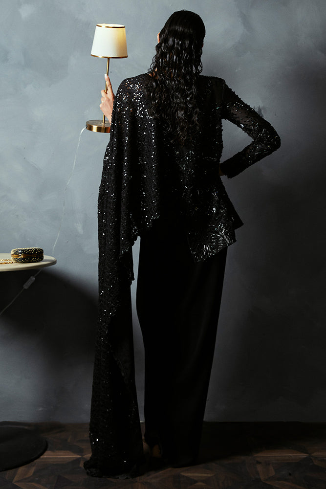 Pakistani Black Embellished Organza Cape Dress (3-Piece) - Image 4