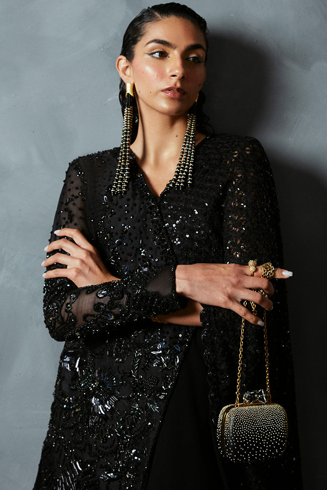 Pakistani Black Embellished Organza Cape Dress (3-Piece) - Image 6