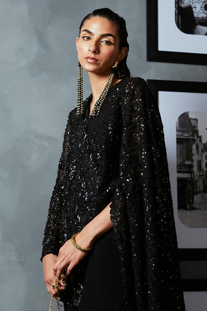 Pakistani Black Embellished Organza Cape Dress (3-Piece) - Image 7