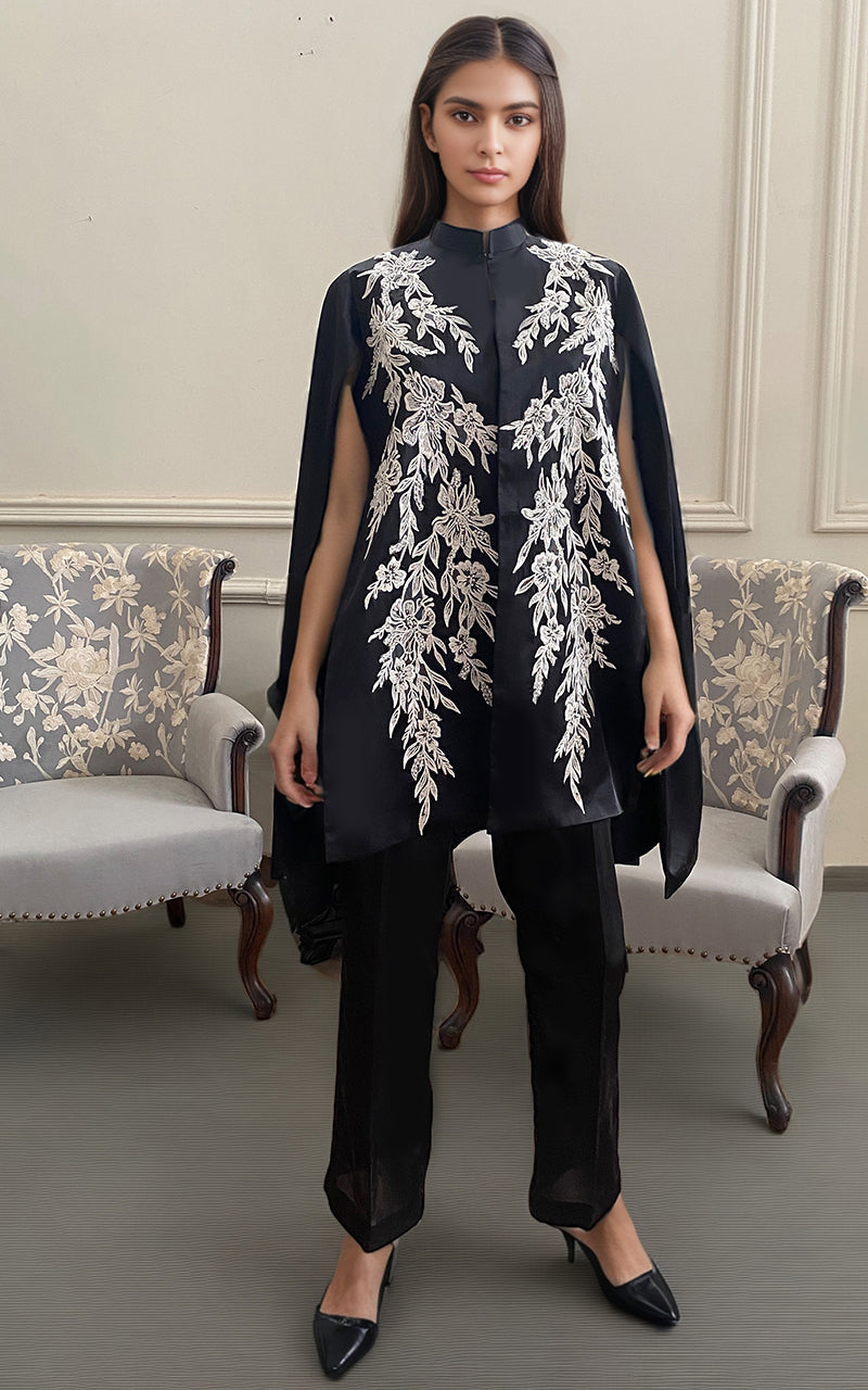 Pakistani Black Applique Embroidered Raw Silk Cape Set (2-Piece) - Image 1