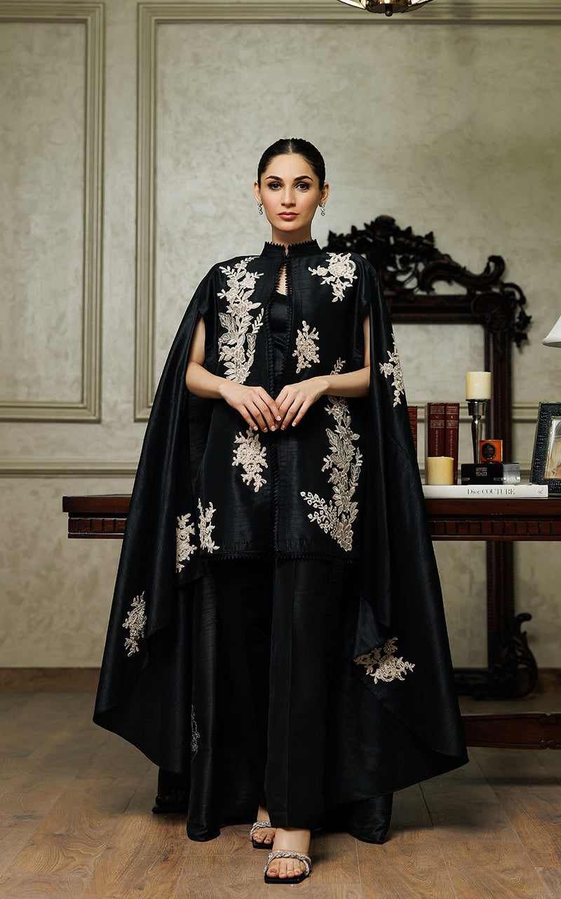 Pakistani Black Appliqué Embroidered Raw Silk Cape Dress (2-Piece) - Image 1