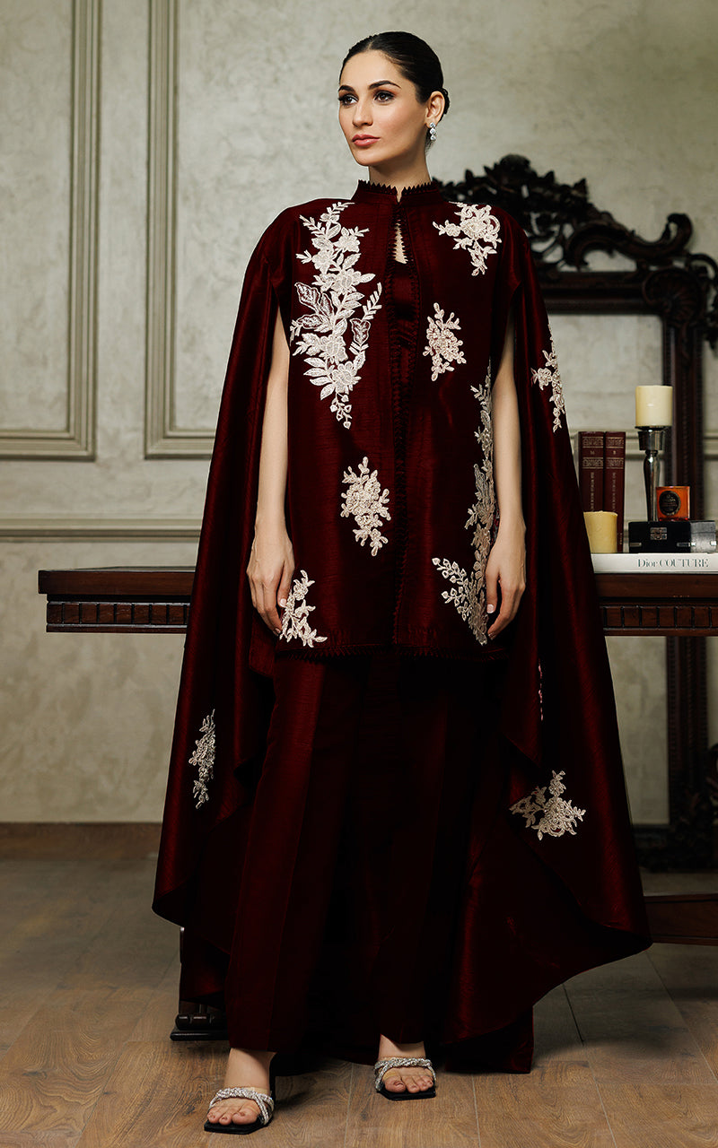 Pakistani Black Appliqué Embroidered Raw Silk Cape Dress (2-Piece) - Image 10