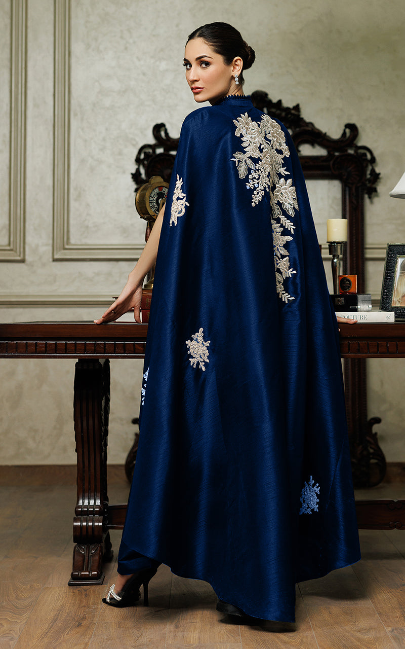 Pakistani Black Appliqué Embroidered Raw Silk Cape Dress (2-Piece) - Image 13