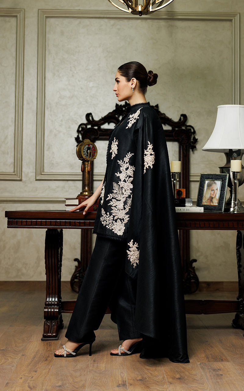 Pakistani Black Appliqué Embroidered Raw Silk Cape Dress (2-Piece) - Image 2