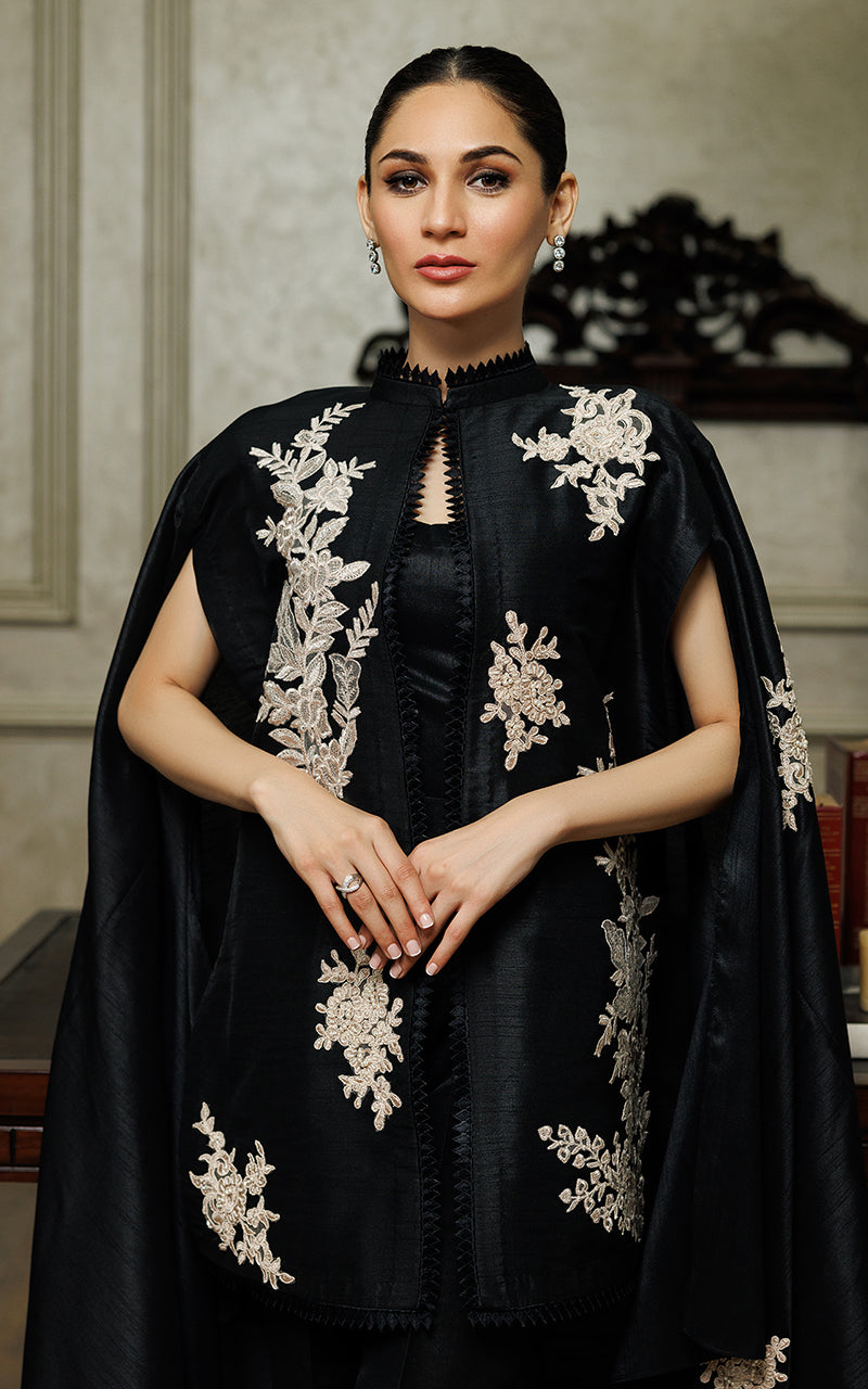 Pakistani Black Appliqué Embroidered Raw Silk Cape Dress (2-Piece) - Image 3