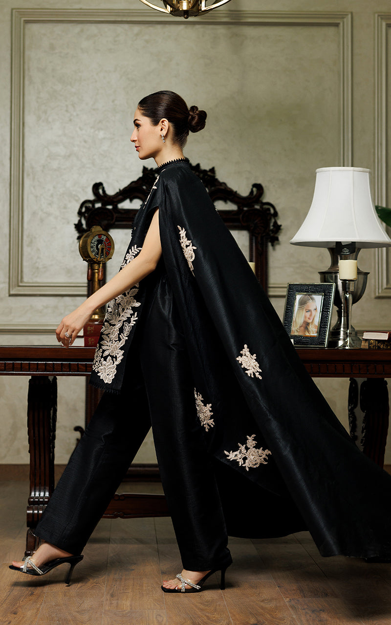 Pakistani Black Appliqué Embroidered Raw Silk Cape Dress (2-Piece) - Image 4