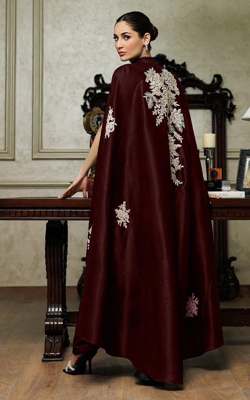 Pakistani Black Appliqué Embroidered Raw Silk Cape Dress (2-Piece) - Image 5