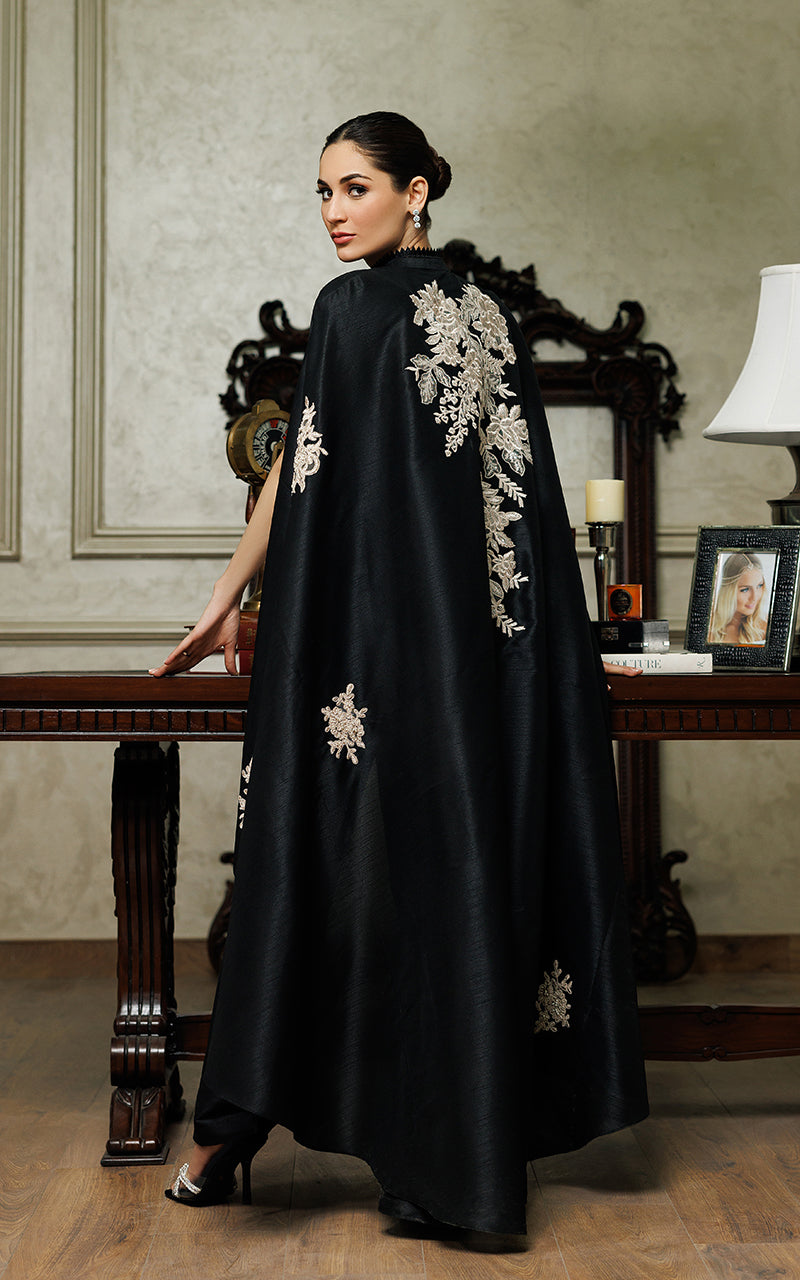 Pakistani Black Appliqué Embroidered Raw Silk Cape Dress (2-Piece) - Image 6