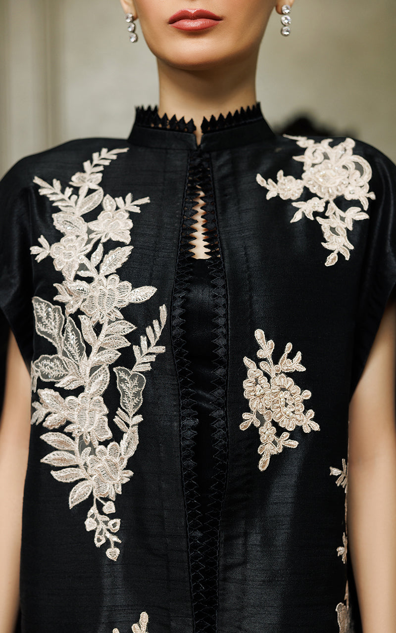 Pakistani Black Appliqué Embroidered Raw Silk Cape Dress (2-Piece) - Image 7