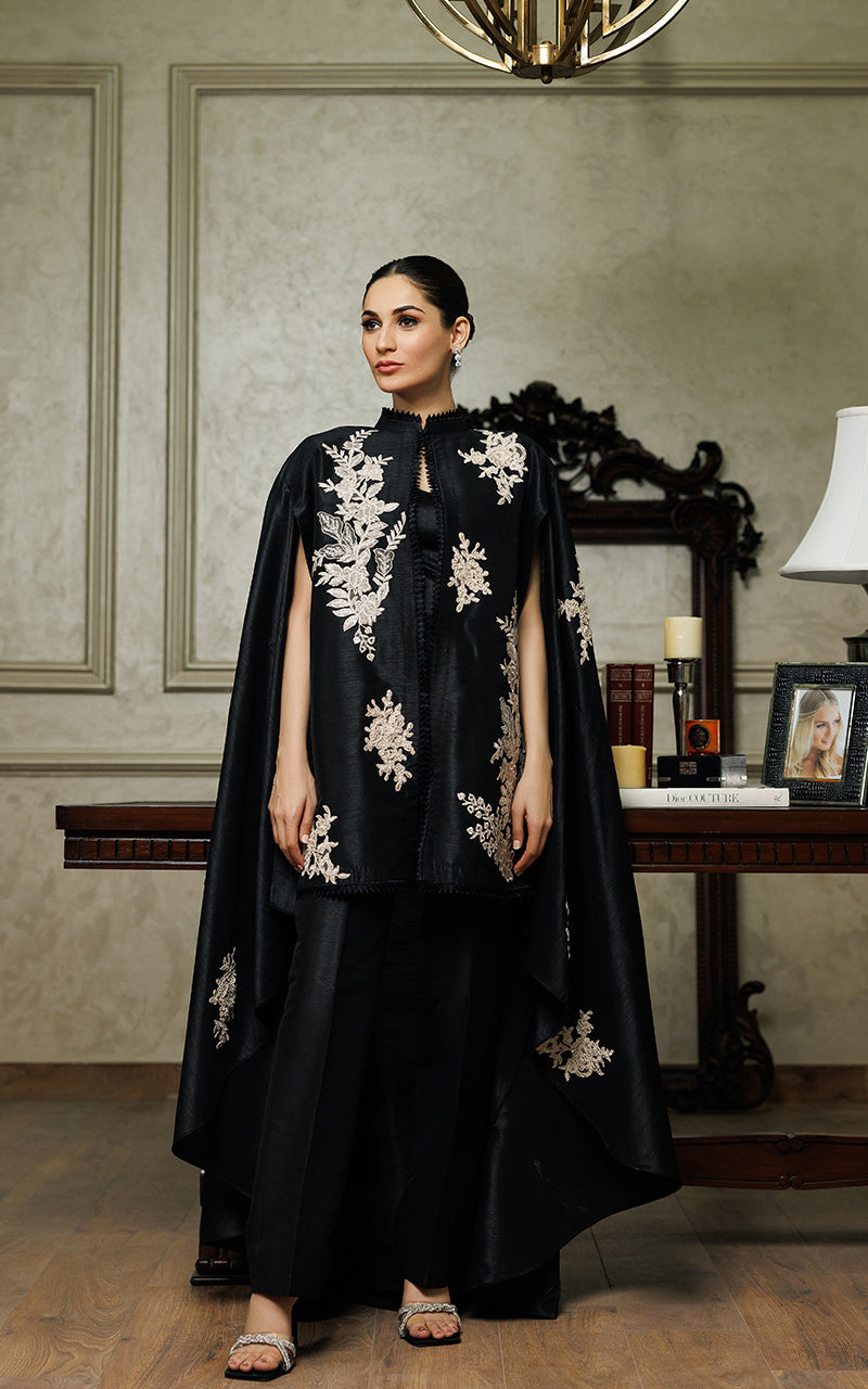 Pakistani Black Appliqué Embroidered Raw Silk Cape Dress (2-Piece) - Image 9