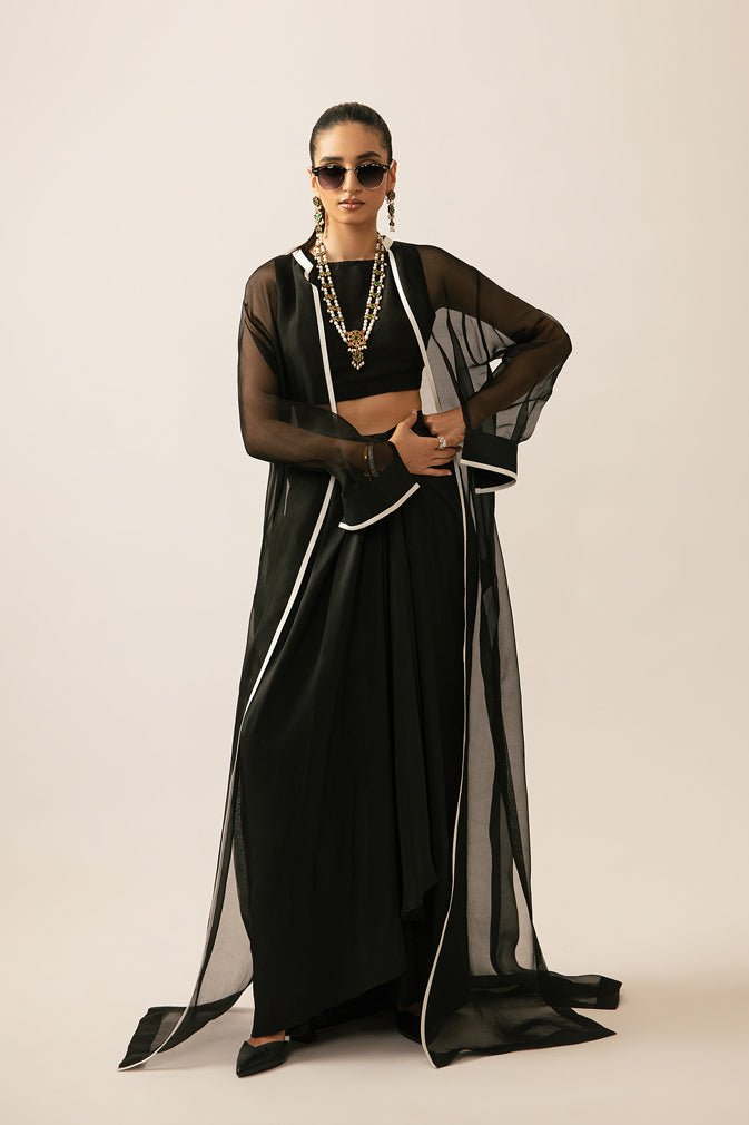 Black Contrast Piping Raw Silk Cape Dress (3-Piece) - Image 2