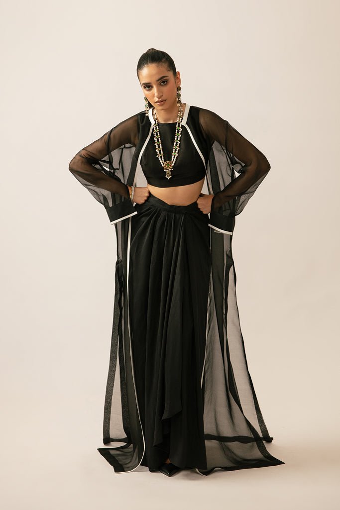 Black Contrast Piping Raw Silk Cape Dress (3-Piece) - Image 4